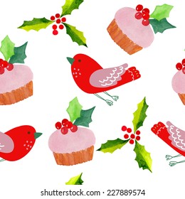 Christmas seamless watercolor background. Seamless pattern with fantasy birds. 