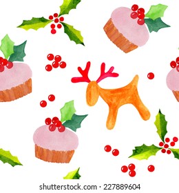 Christmas seamless watercolor background. Seamless pattern with reindeer. 