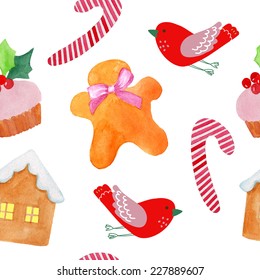 Christmas seamless watercolor background. Seamless pattern with fantasy birds. 