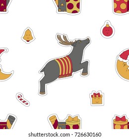 Christmas seamless white pattern background. Deer, gifts, candy and moon vector illustration. Design template xmas.