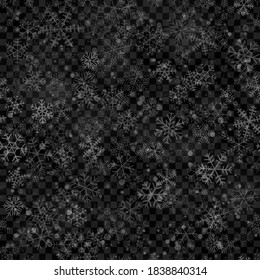 Christmas seamless white snowflake pattern in different shapes, sizes and transparency,  black background
