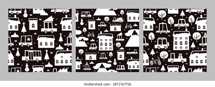 Christmas seamless white-red patterns. New Year picture set with car, snow-covered houses, and trees. It can be used to decorate holiday packages, wrapping paper. Vector winter illustration.