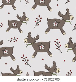 Christmas Seamless winter holidays pattern with deers and cranberries branch. Christmas background. 