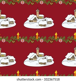 Christmas seamless with winter village and candle on red background. Can be used  for wallpaper, web page background, Christmas wrapping paper, print on fabric
