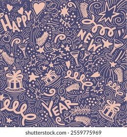 Christmas seamless wrapping paper with attributes of New Years celebration drawn by hand in doodle style. Garlands, cake, gifts, glasses, confetti and handwriting words happy new year.