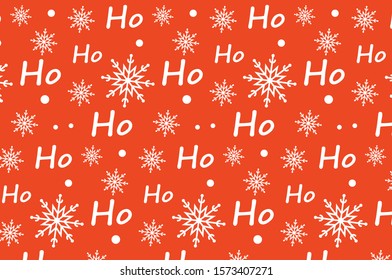 Christmas seamless wrapping paper design with cute snowflakes and ho ho ho sign. Vector illustration.