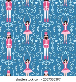 Christmas seamlesss pattern with nutcracker character and ballerina on dark blue background with swirls