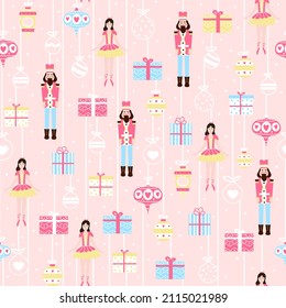 Christmas seamlesss pattern with nutcracker character and ballerina on light pink background with gift boxes, xmas balls