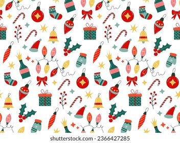 Christmas seanless pattern of festive objects, santa, tree, ginger bread, gifts, champagne, toys, ice skates, lights, bell 