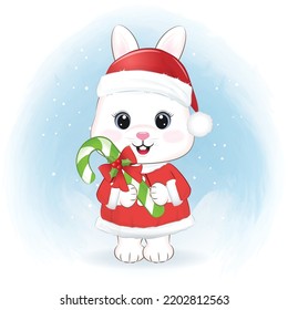 Christmas Season background illustration and Cute Little Rabbit holding candy cane