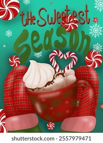 Christmas season card with cup of cacao with marshmallow. Xmas composition with mug of hot drink. Festive cozy.