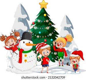 Christmas season with children in Christmas costumes and snowman illustration