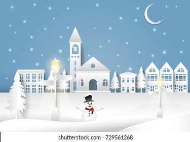 Christmas season in city town paper art background. night scene in winter holiday paper cut style illustration