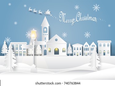 Christmas Season In City Town Paper Art Background. Night Scene In Winter Holiday Paper Cut Style Illustration