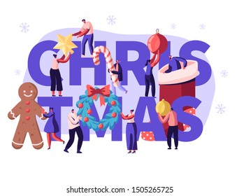 Christmas Season Concept with Tiny People Characters Prepare for Xmas Celebration Decorate Home, Presents and Treats. Winter Holidays Poster, Banner, Flyer, Brochure. Cartoon Flat Vector Illustration