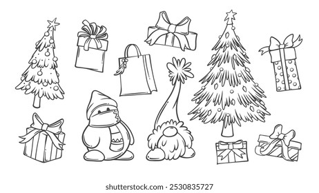 Christmas season decorations line icons set. Outline hand drawn Xmas tree with garland and balls, cute gnome and snowman, gift box. Christmas holidays mascots, icon collection vector illustration