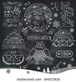 Christmas season decorations.New year 2016 Label, ribbons,fir branches,lettering,snowflakes,monkey,doodle element.Vintage holiday symbols,decor.Xmas design.Hand drawing vector.Chalkboard