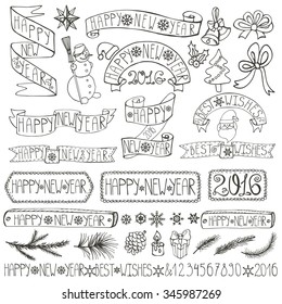 Christmas season decorations.New year Label, ribbons,spruce branches,lettering,snowflakes,snowman,doodle element.Vintage decor.2016 Xmas design.Hand drawing holiday vector.Linear