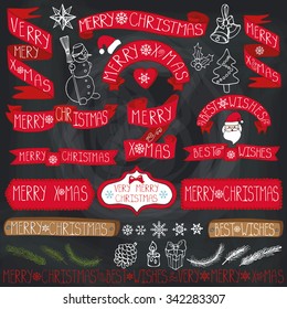 Christmas season decorations.Label, ribbons,spruce branches,lettering,snowflakes, snowman,doodle element.Vintage happy new year 2016 decor. Xmas design.Hand drawing holiday vector.Chalkboard
