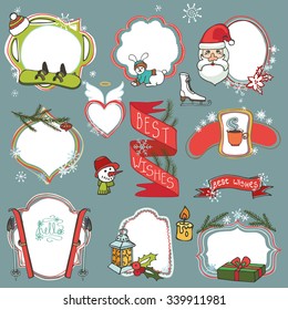 Christmas season doodle badges set.Winter decoration,snowflakes, holiday symbols, new year elements with label,emblems, shapes.Hand drawn vector,background.Vintage illustration