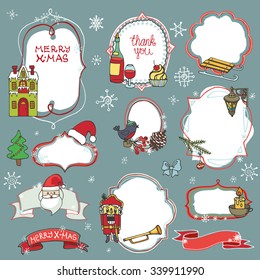 Christmas season doodle badges set.Winter decoration,snowflakes, holiday symbols, new year elements with label,emblems, shapes.Hand drawn vector,background.Vintage illustration
