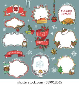 Christmas season doodle badges set.Winter decoration,snowflakes, holiday symbols, new year elements with label,emblems, shapes.Hand drawn vector,background.Vintage illustration