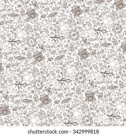 Christmas season doodle pattern background.Winter symbols decoration,snowflakes,food,snowman,fireplace with holiday,new year elements.Hand drawn vector,wrap, background.