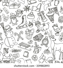 Christmas season doodle seamless pattern.Winter decoration,Knitted wear,animals,birds,snowman,garlands,other holiday symbols.New year hand drawn vector background,wrap.Wood story