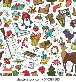 Christmas season doodle seamless pattern.Winter decoration,snowflakes, Knitted wear,animals,birds,snowman,garlands,other holiday symbols.New year hand drawn vector background,wrap.Wood story