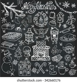 Christmas season doodle set.Knitted wear, winter decoration,snowflakes,food,snowman,fireplace ,holiday symbols, new year elements.Hand drawn vector,white on chalkboard background.