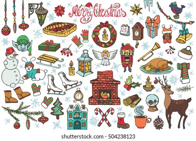 Christmas  season doodle set.Vintage vector.Winter decoration,New year doodle elements.Snowflakes,food,snowman,fireplace ,Knitted wear, holiday symbols.Hand drawn isolated.Christmas holiday