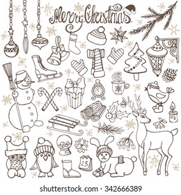 Christmas season doodle set.Winter decoration,snowflakes,animals,birds,snowman,garlands,holiday symbols, new year elements.Hand drawn isolated vector,background.Wood story