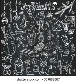 Christmas season doodle set.Winter decoration,snowflakes,Knitted wear,animals,birds,snowman,garlands,other holiday symbols, new year elements.Hand drawn vintage vector,background.Wood story.Chalkboard