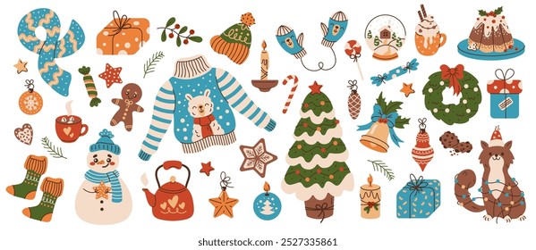 Christmas season festive symbols flat color vector objects set. New year decorations and accessories illustrations on white background