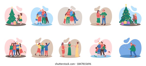 Christmas season flat color vector faceless character set. Family and friends. Luxury festive event. Winter holiday isolated cartoon illustration for web graphic design and animation collection