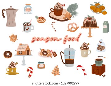 Christmas season food. Sweets, candy, cocoa, hot drink, gingerbread cookies. Cute cartoon food illustration. Editable vector illustration.