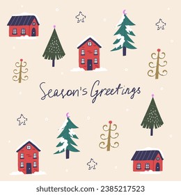 Christmas Season Greeting village with snow trees. Greeting vector square card