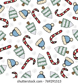 Christmas season hand drawn seamless pattern. Vector illustration. Doodle style. Decorations. Winter holiday backgrounds for design.