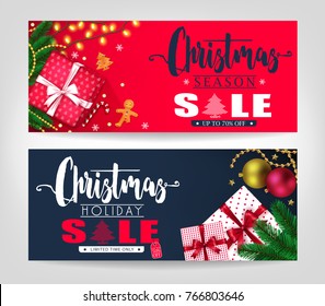 Christmas Season and Holiday Sale Banners Set with Pine Leaves, Gifts, Stars, Christmas Balls, Ginger Bread Man and Tree Promotional Design. Vector Illustration
