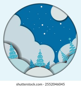 Christmas season with moon and stars on blue background paper cut style