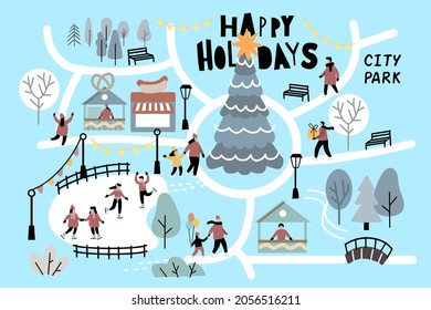 Christmas season people at park. Winter city outdoor with christmas tree.