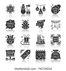 Christmas season sale black silhouette with reflection icon set. Vector clearance monochrome flat design symbol collection. Simple graphic pictogram pack Web, print, banner, flyer, poster, tag concept
