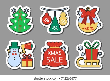 Christmas season sale icon sticker set. Flat style color clearance badges, web, banner, business, emblem, logo, print, tag, label, poster, coupon isolated element collection design Vector illustration