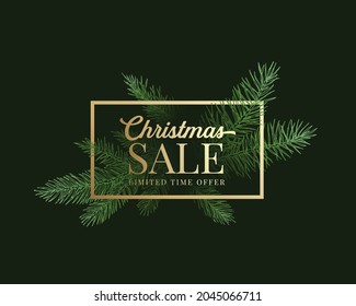 Christmas Season Sale Vector Label, Sign or Card Template. Hand Drawn Spruce Branches Fading into Dark with Golden Framed Typography. Holiday Promo or Advertising Banner Background.