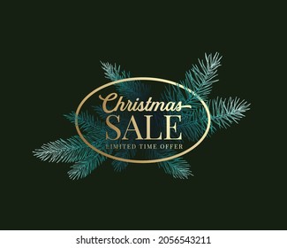 Christmas Season Sale Vector Label, Sign or Card Template. Hand Drawn Spruce Branches Fading into Dark with Golden Oval Framed Typography. Holiday Promo or Advertising Banner Background.