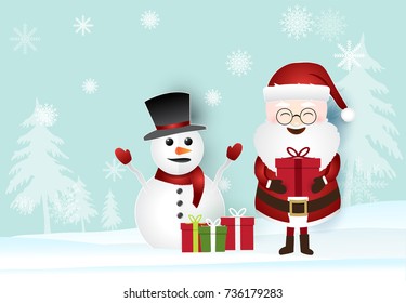Christmas season with Santa holding gift box and snowman. Paper art illustration