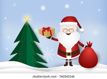 Christmas season with Santa holding gift box and pine tree decoration. Paper art illustration