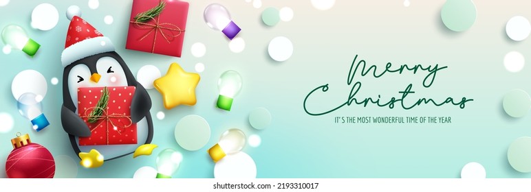 Christmas season vector background design. Merry christmas text with penguin character, gifts and light elements for xmas winter holiday greeting. Vector illustration.
