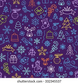 Christmas season vector seamless pattern. Xmas hand-drawn color elements