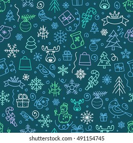 Christmas season vector seamless pattern. Xmas hand-drawn color elements